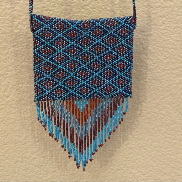 Elegant Beaded Blue and Burgundy Fringe Mini Bag Size 3 1/2”x4” - Picture 3 of 6